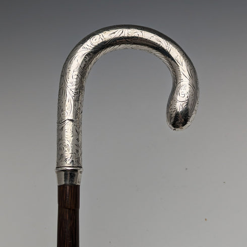 1914 British Antique Ladies Umbrella Sterling Silver Curved Handle 93cm